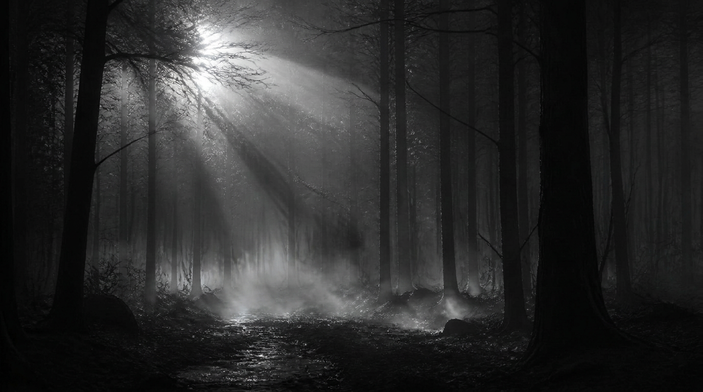 Silvery moonlight breaking through a dark forest